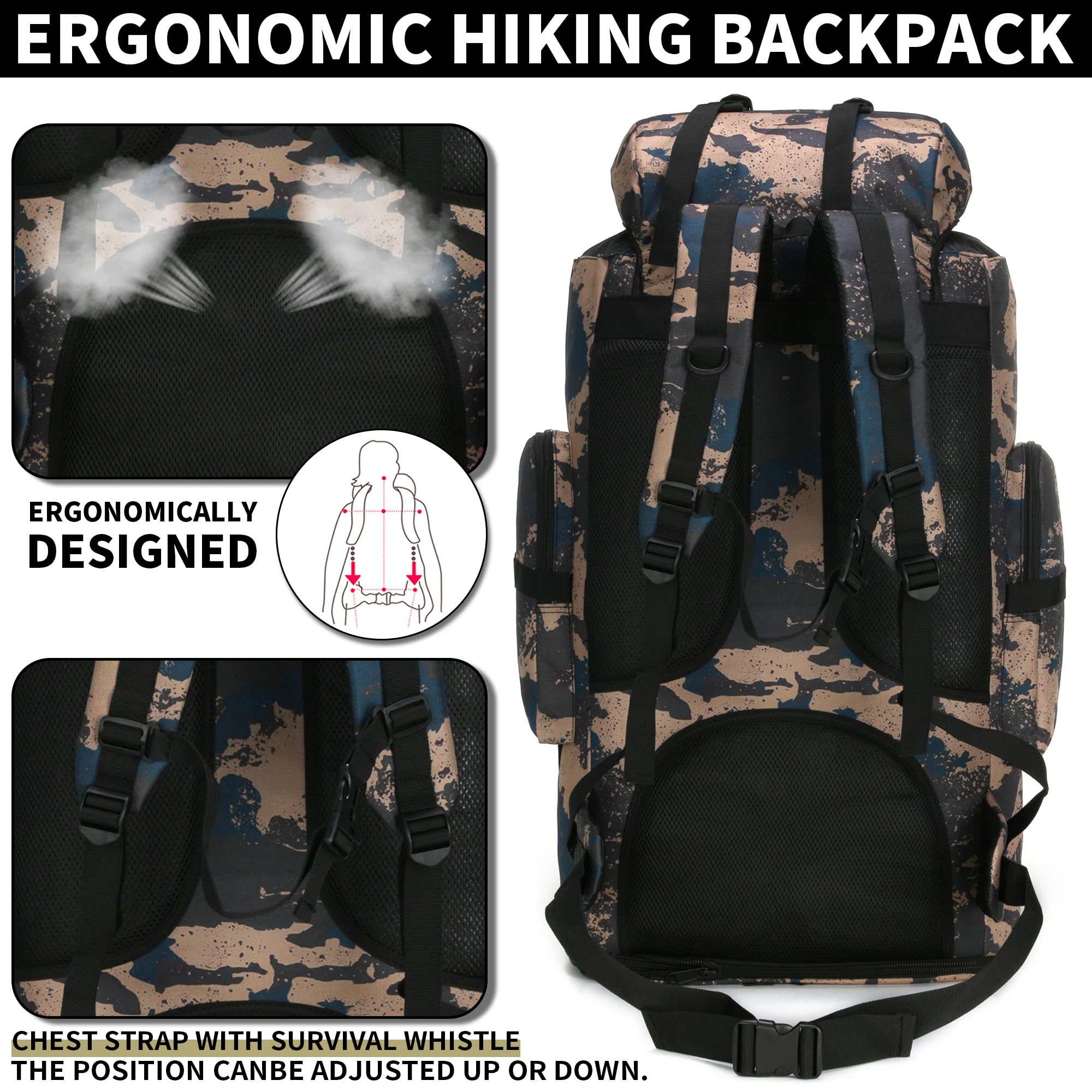 W WINTMING hiking backpack widened mesh padding shoulder straps for comfortable carry.