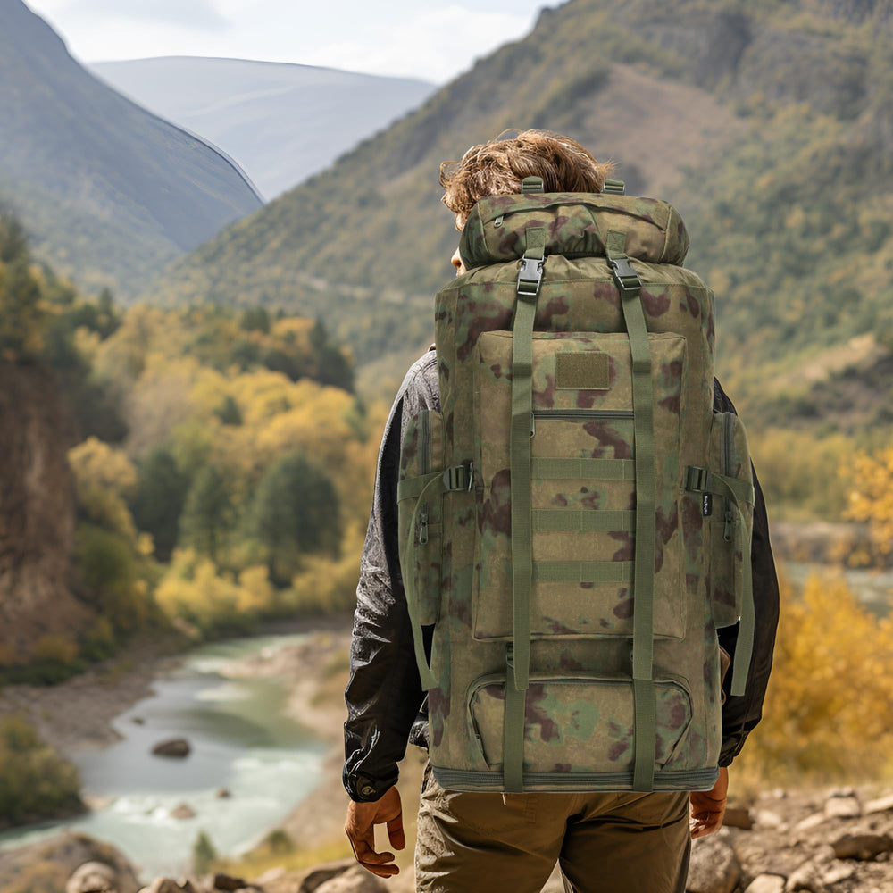 W WINTMING lightweight 70L backpack suitable for camping and trekking trips.