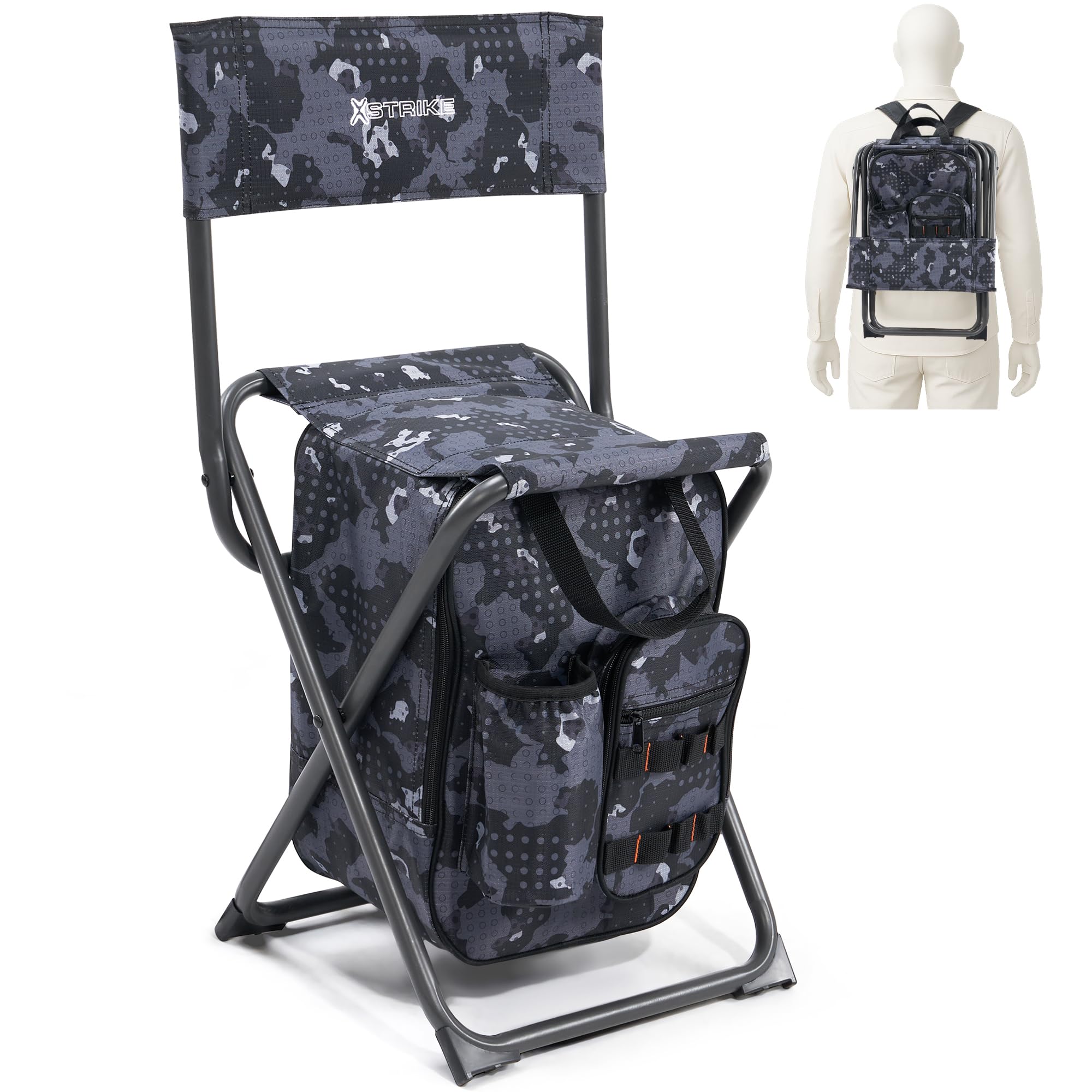X Strike backpack fishing chair side view, portable outdoor seating on the go.