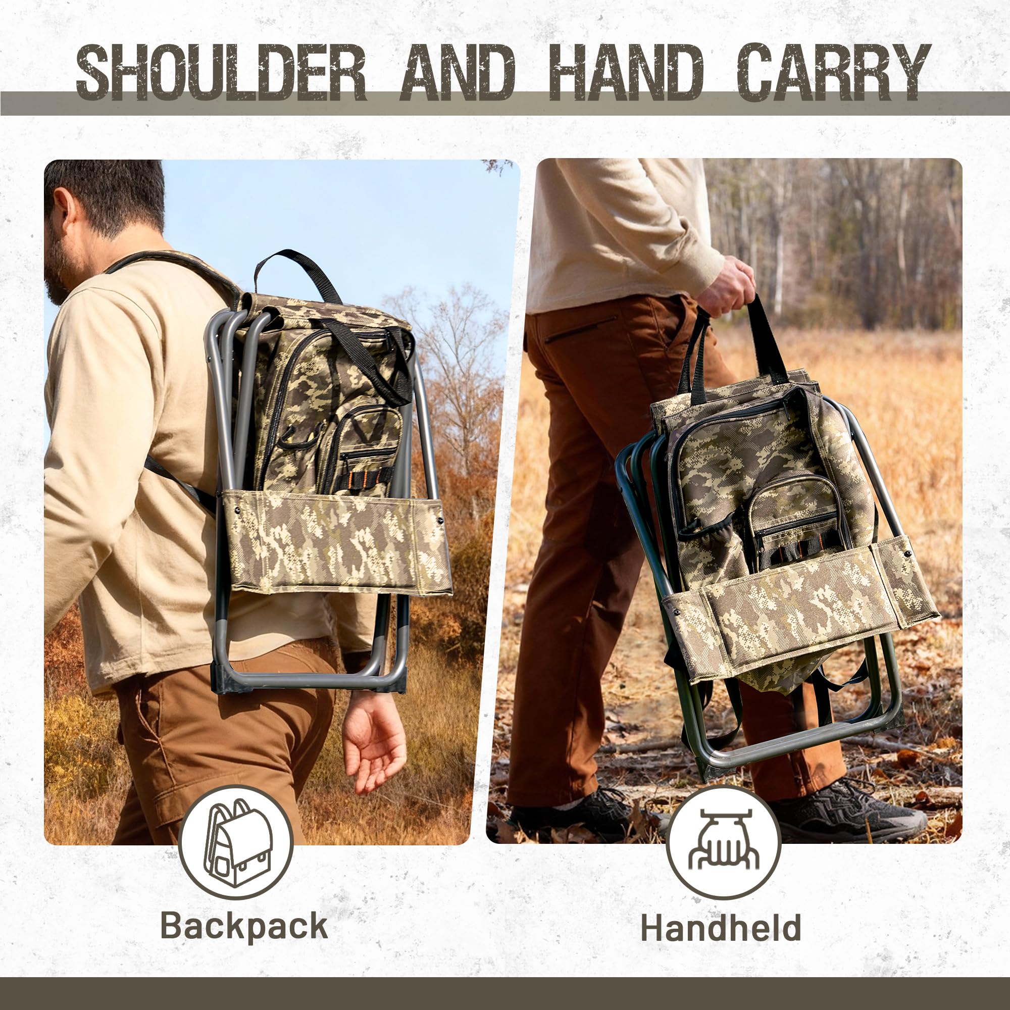 X Strike chair worn as backpack with dual straps for hands-free carry.