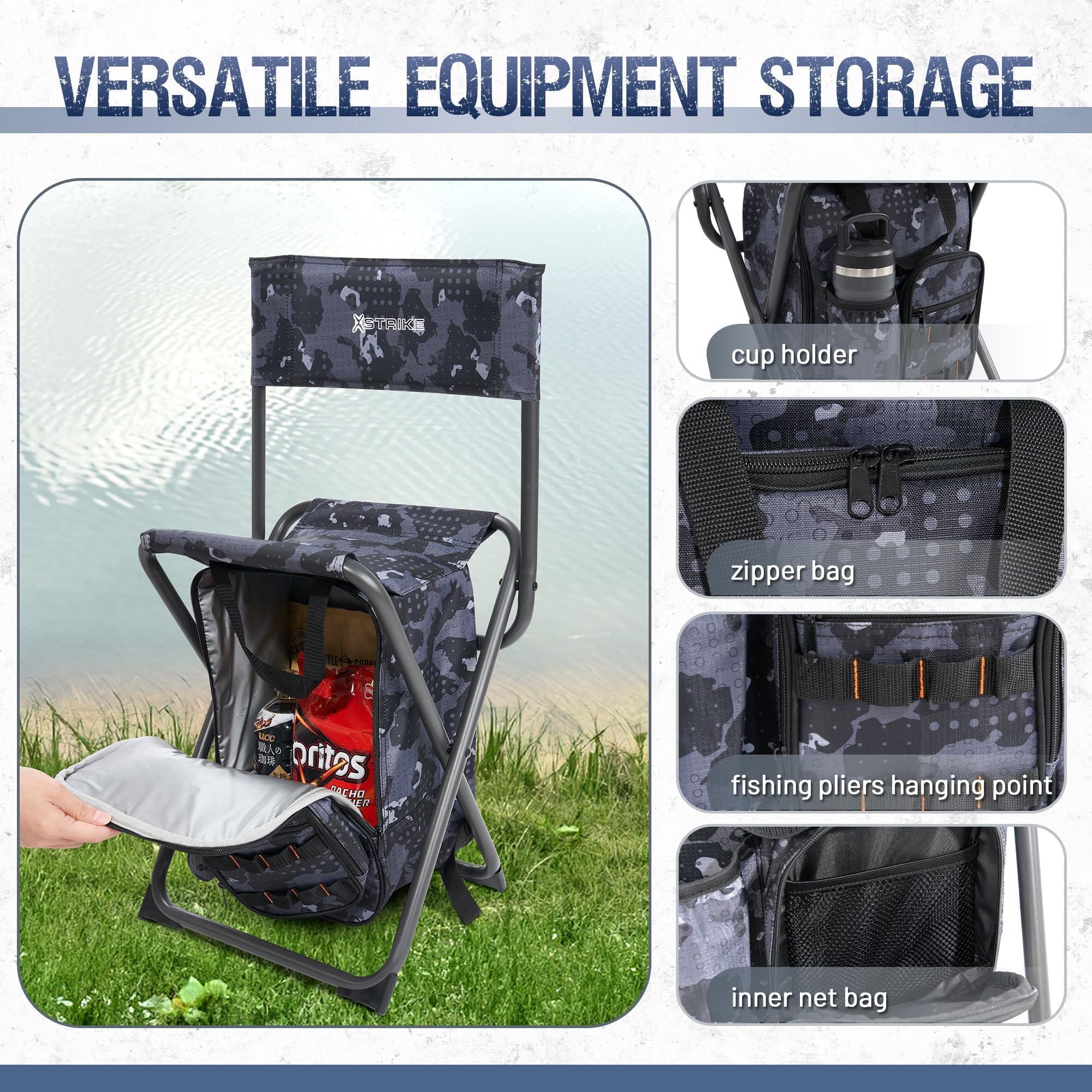 X Strike folding camping stool in use, compact and lightweight.