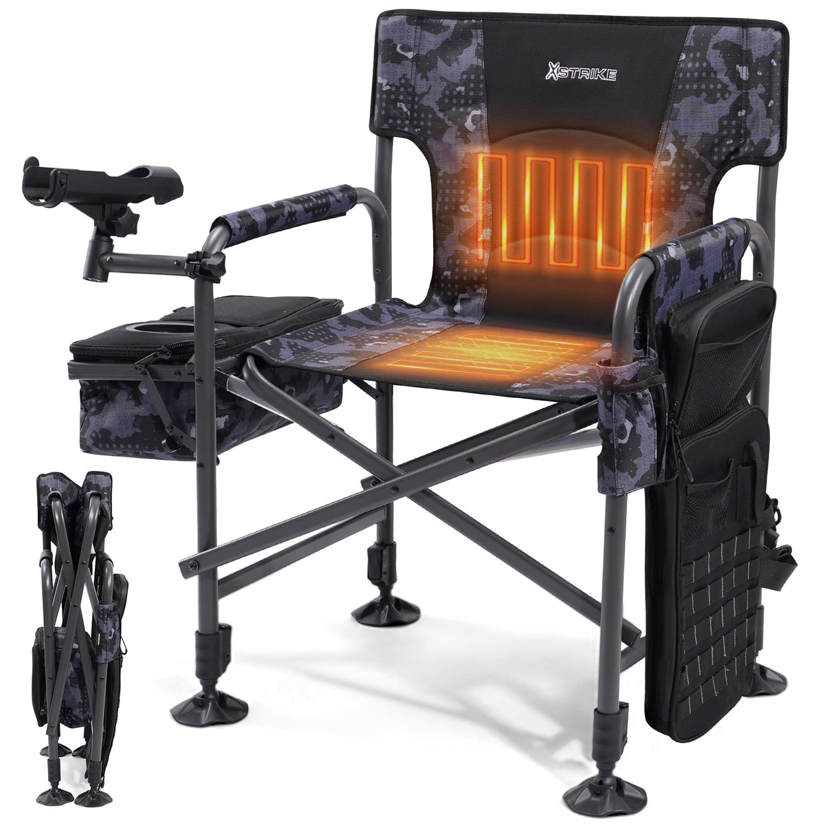 X Strike heated fishing chair backrest provides cushioned support on cold days.