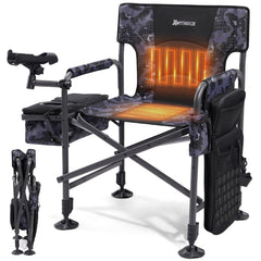 X Strike heated fishing chair backrest provides cushioned support on cold days.
