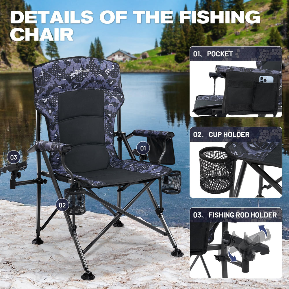 X Strike oversized folding chair rotatable feet provide stable grip on uneven terrain.