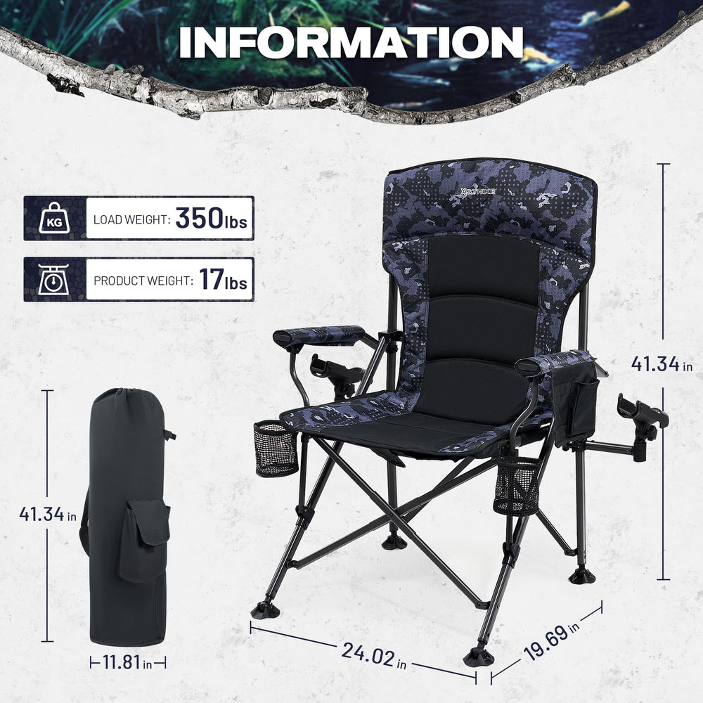 X Strike oversized folding chair side rod holder demonstrates adjustable, fishing-ready support.