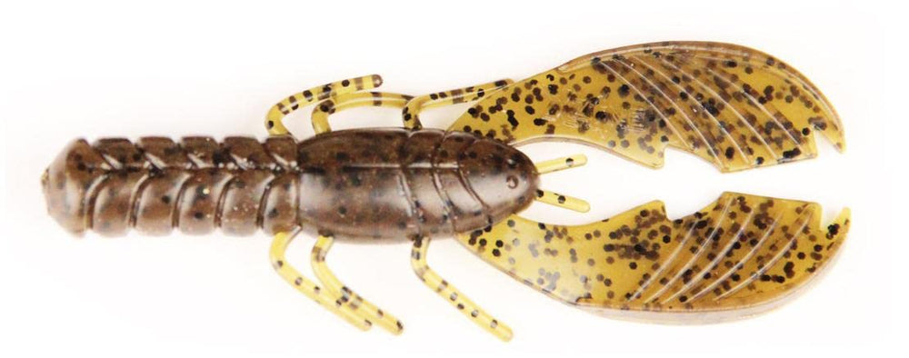 X Zone 10310 Muscle Back Craw shows micro movements in green pumpkin black flake