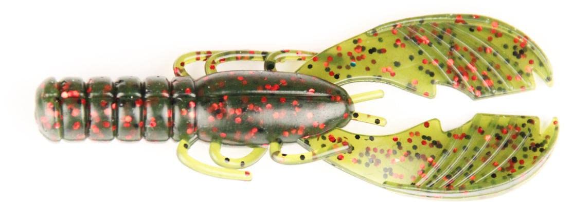 X Zone Muscle Back Craw Watermelon Red Flake lure with lifelike claws attracts bass.