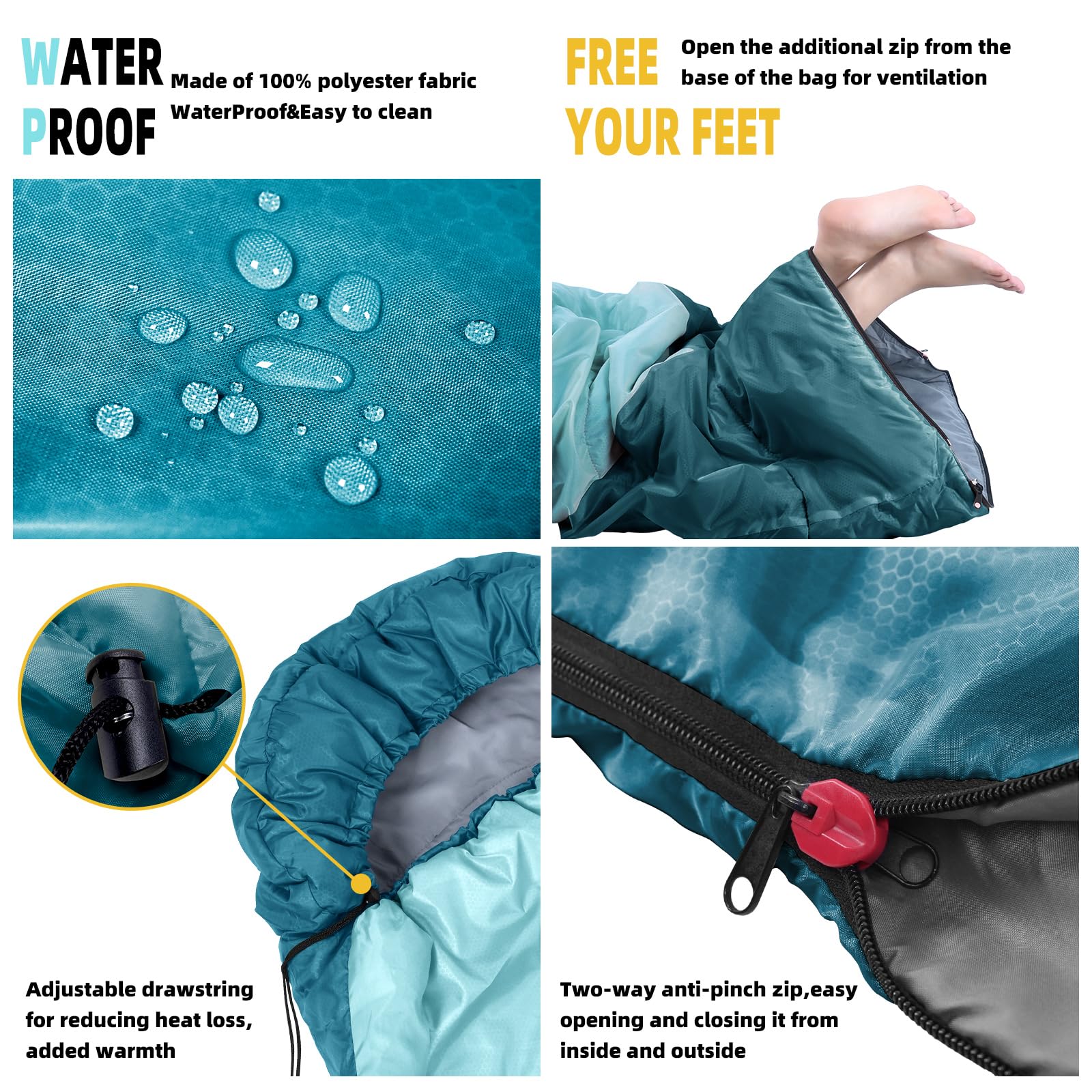 Xelaro Aquamarine sleeping bag rectangular design offers extra space for stretch-out comfort.