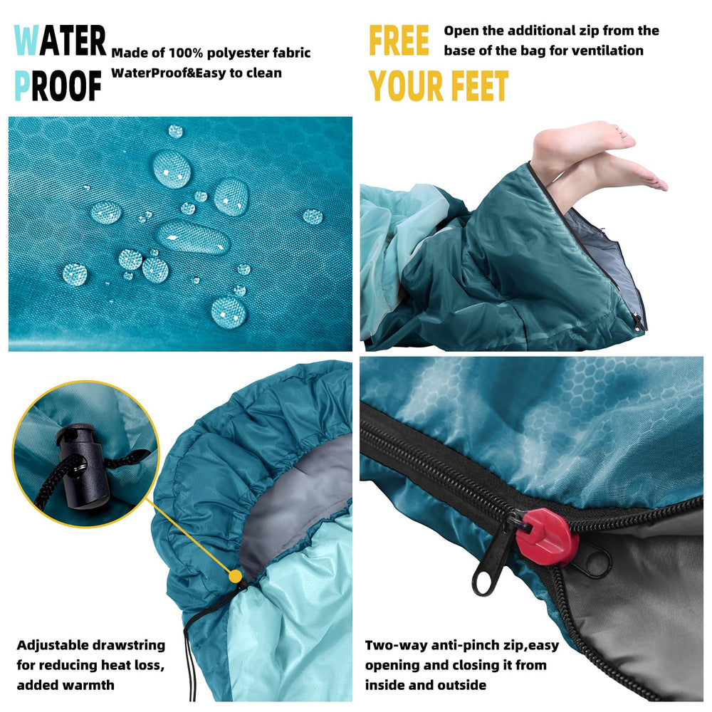Xelaro Aquamarine sleeping bag rectangular design offers extra space for stretch-out comfort.