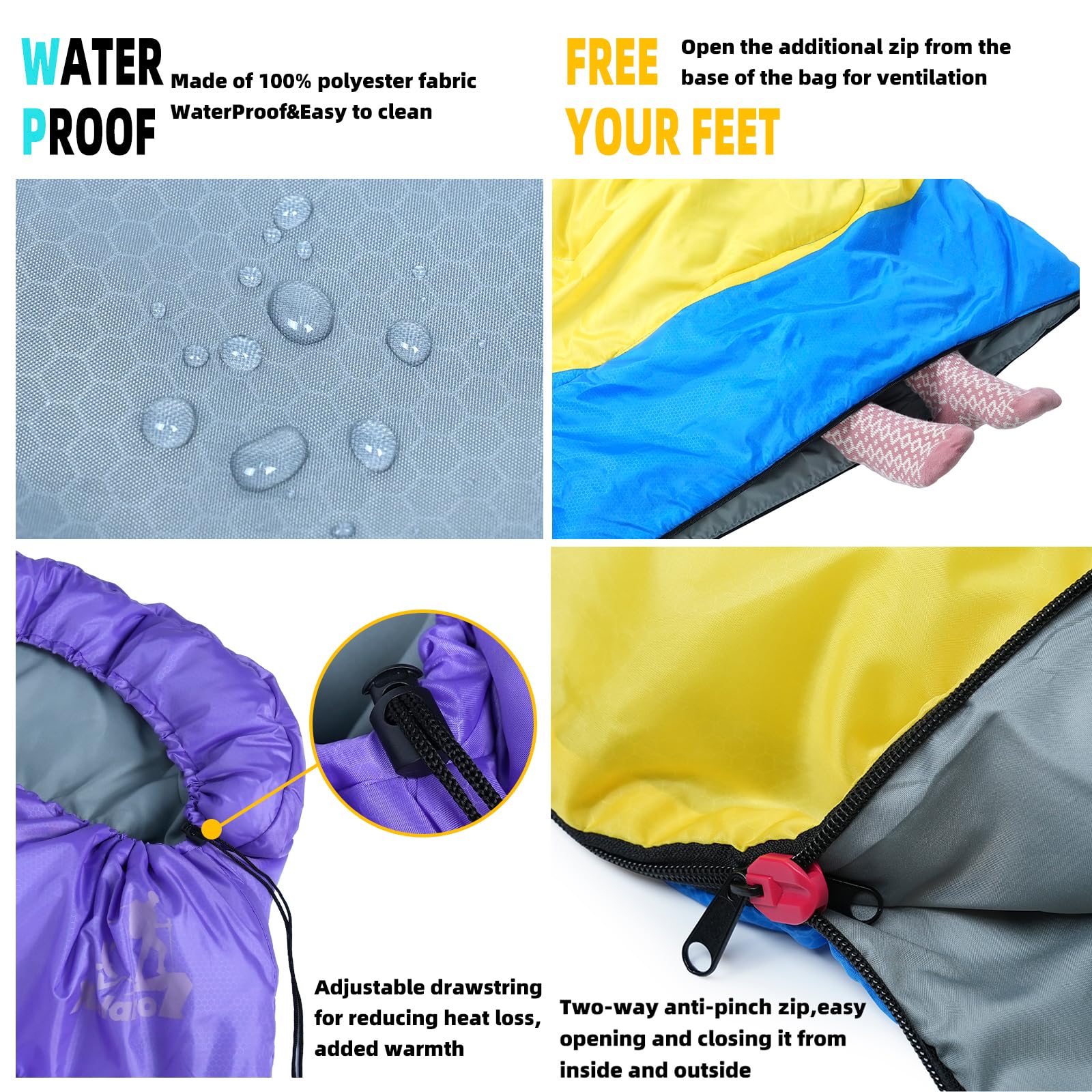 Xelaro sleeping bag with two-way anti-pinch zip provides easy entry.