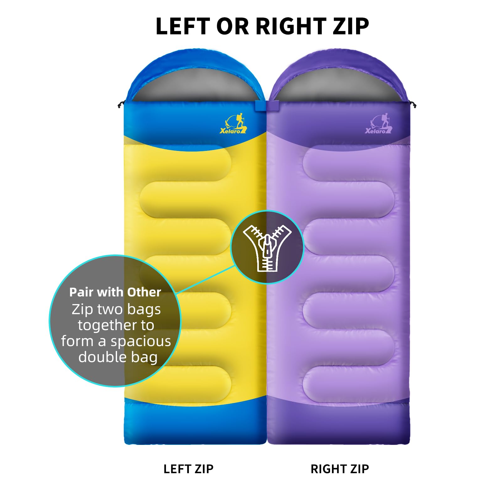 Xelaro sleeping bag two-way zip and drawcord closeup for easy temperature control.