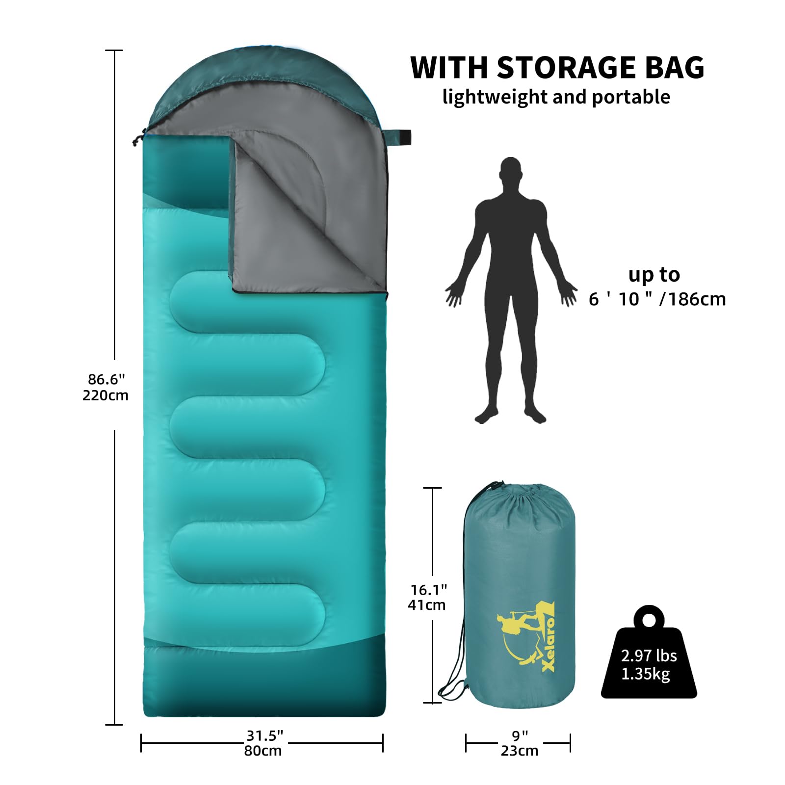 Xelaro sleeping bag features a waterproof outer shell for wet-condition reliability.