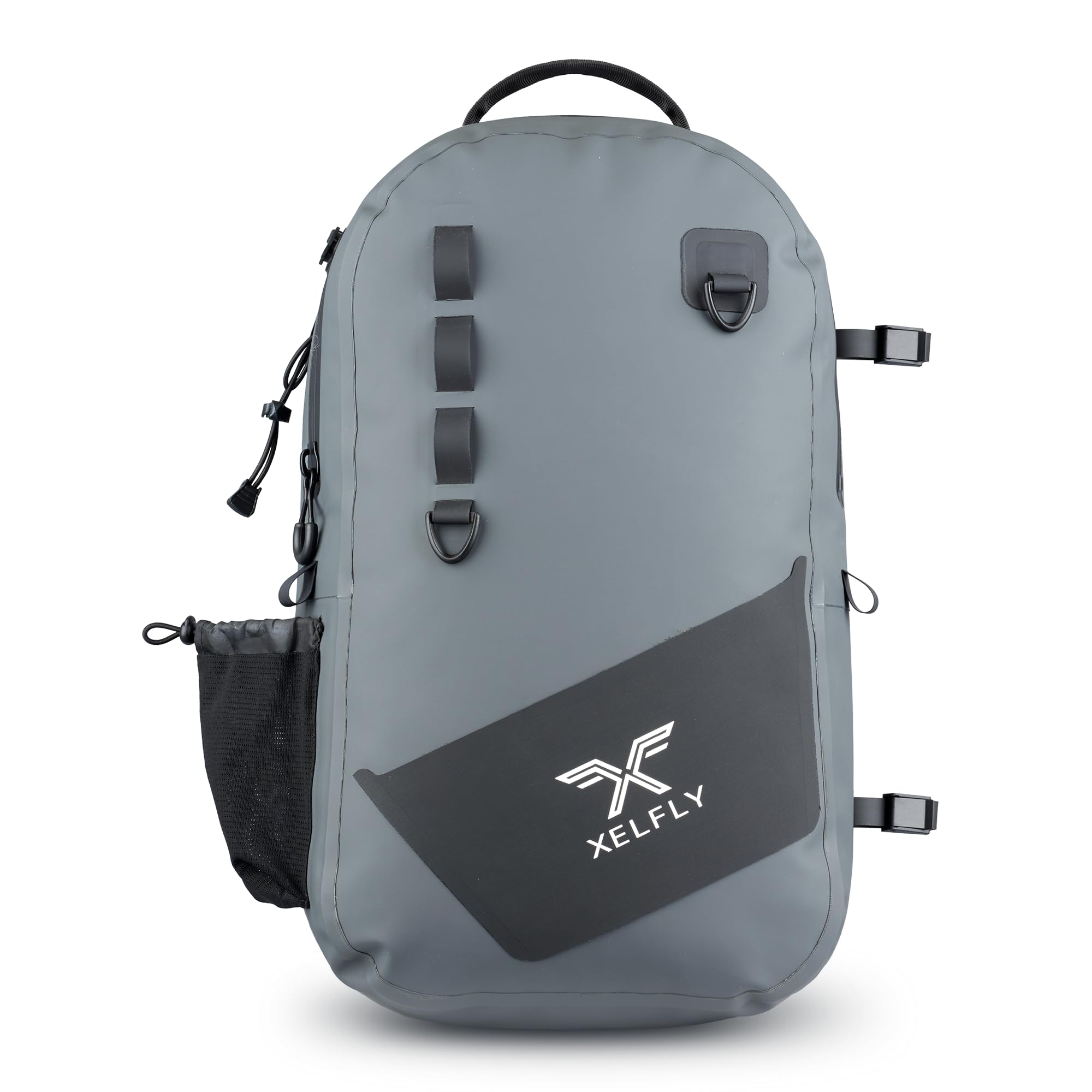 Xelfly waterproof fishing backpack with built-in rod holders and gear loops, gray