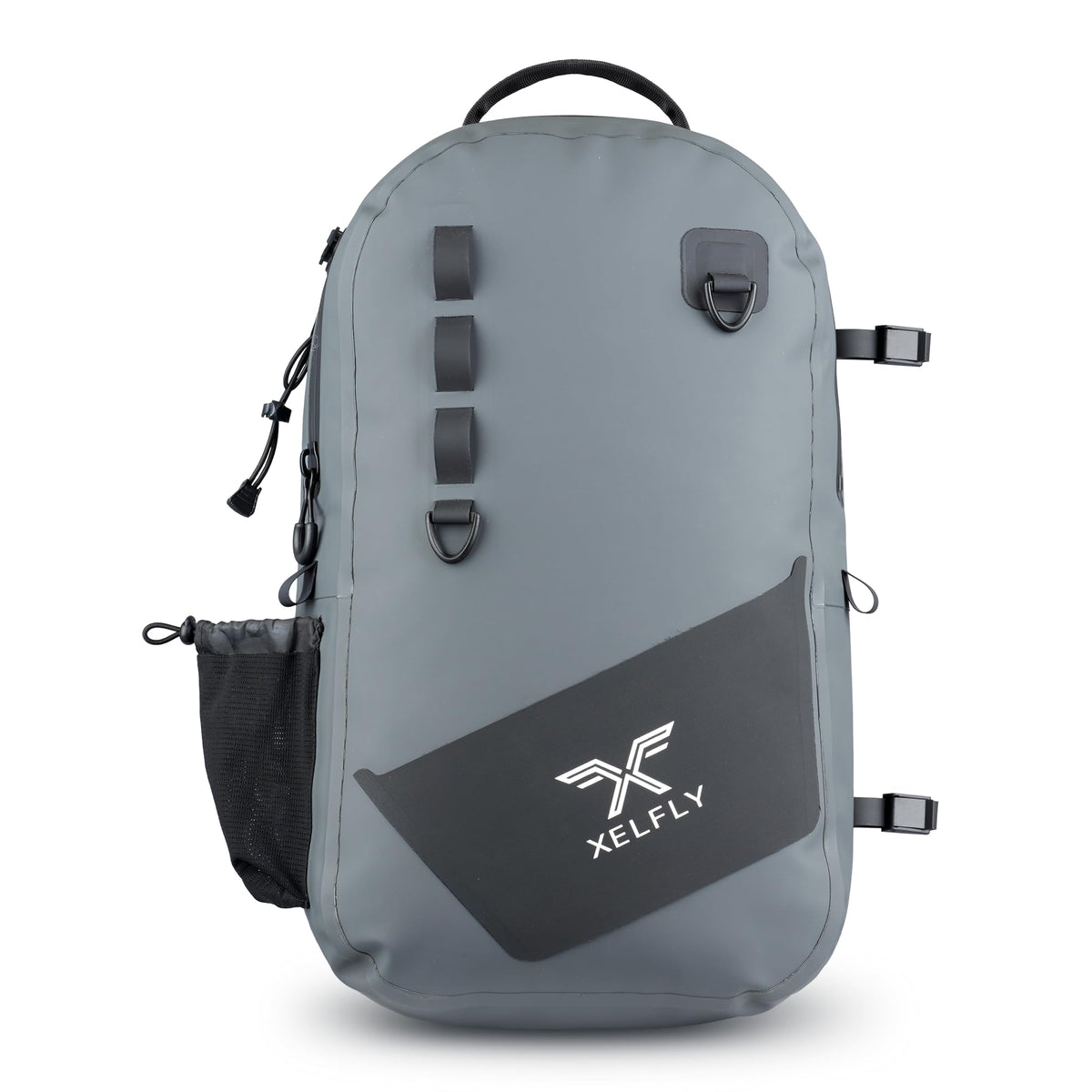 Xelfly waterproof fishing backpack with built-in rod holders and gear loops, gray