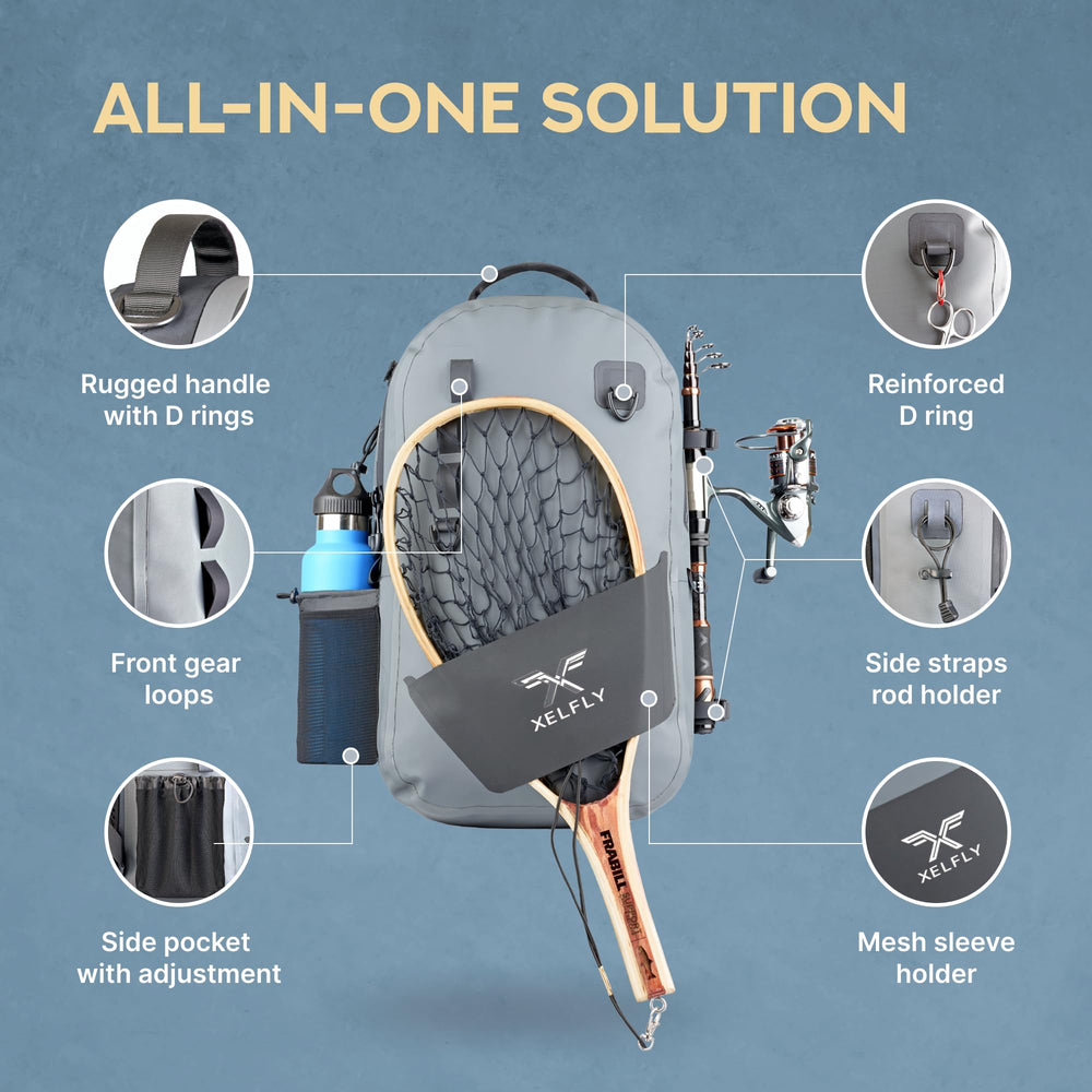 Back view showing integrated rod holders and net sleeve on the Xelfly pack