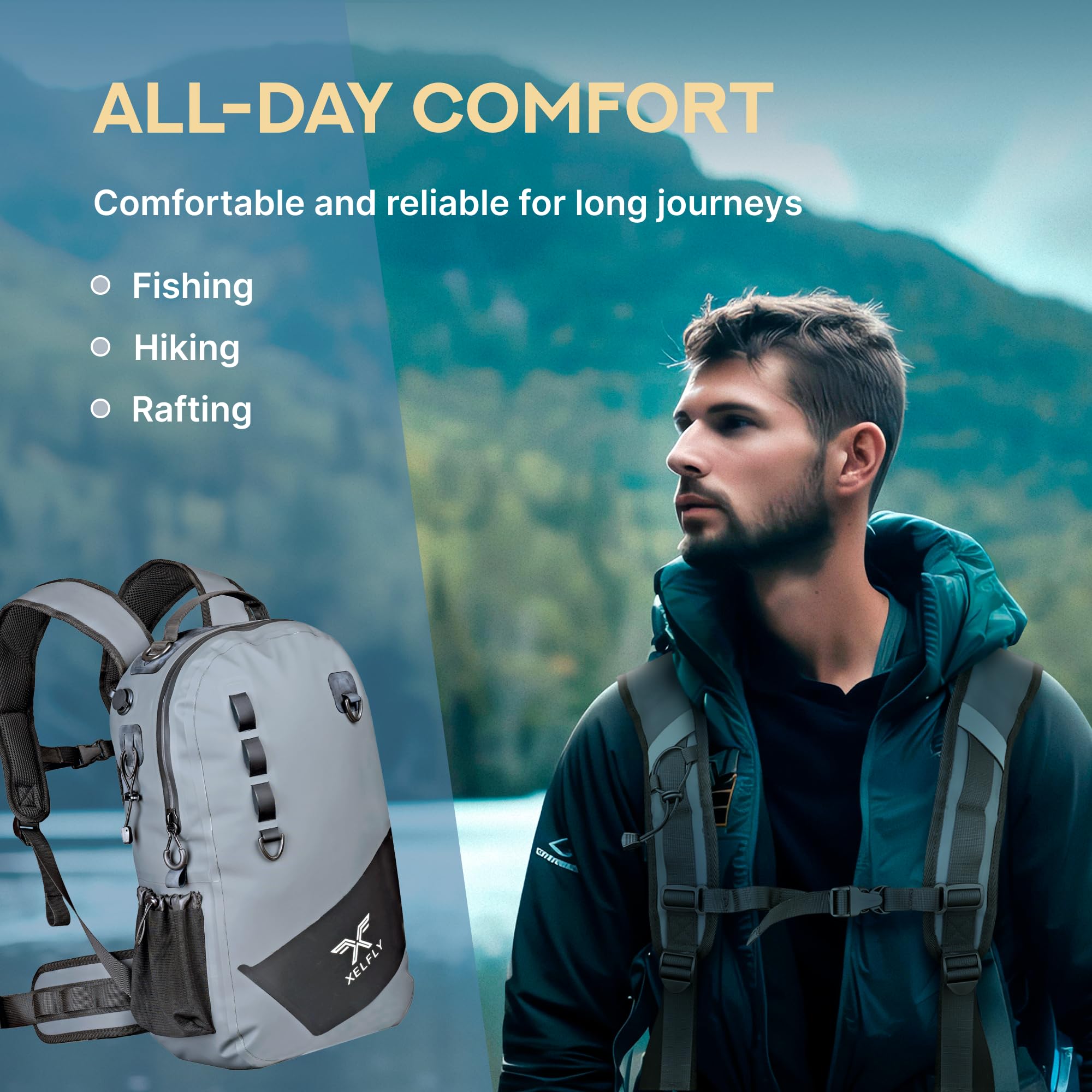 Xelfly fishing backpack with side straps and sunglasses holder