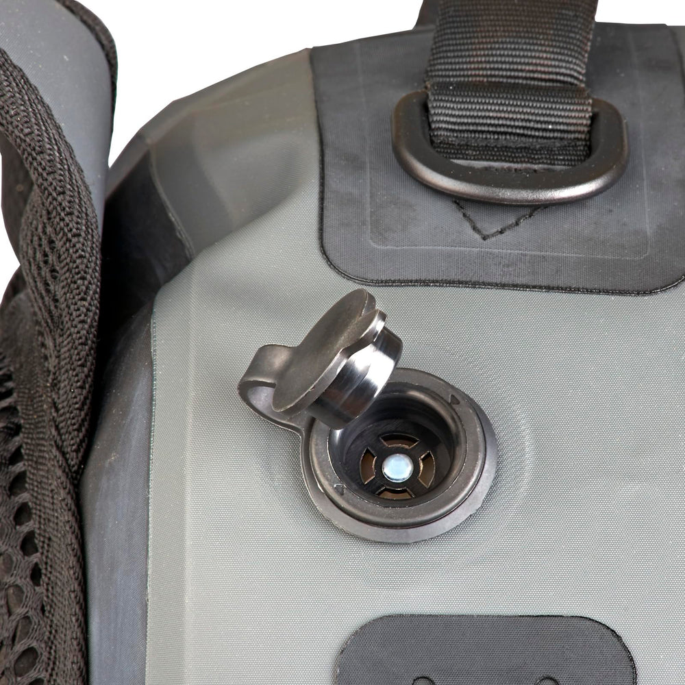 Overall gray Xelfly waterproof fishing backpack ready for a trip