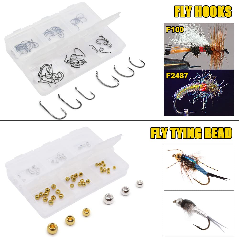 XFISHMAN 120-piece kit bundles hooks, beads, dubbing, thread, legs, and flashabou.