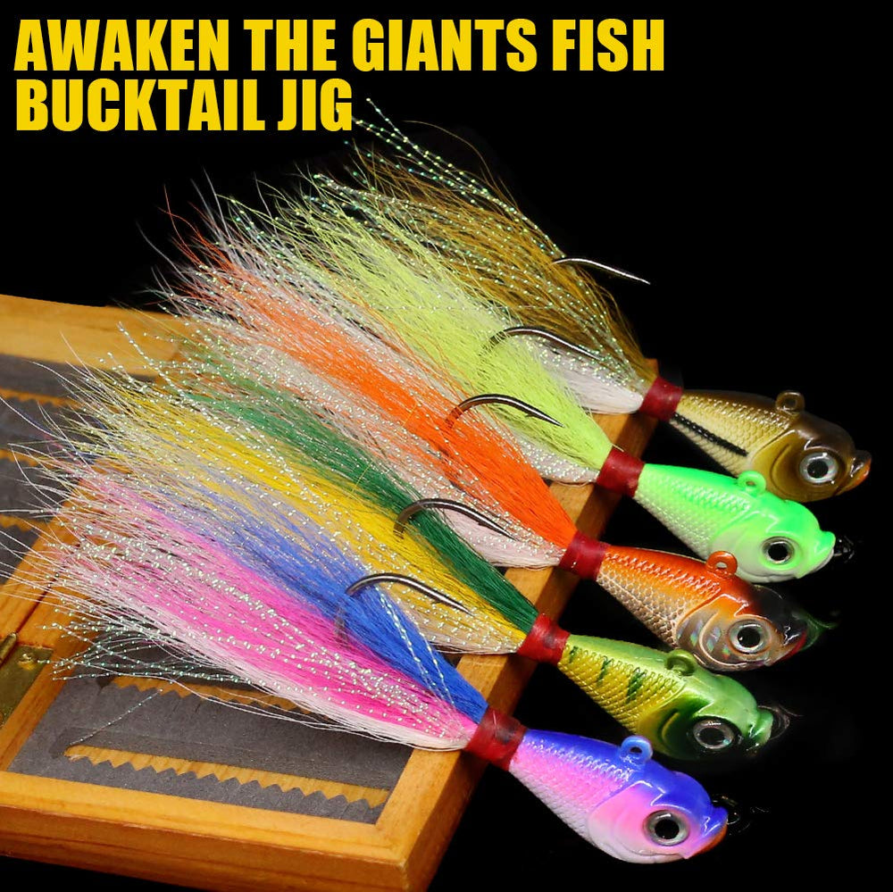 XFISHMAN bucktail jigs head detail highlights strong hooks and hair texture for lifelike movement.