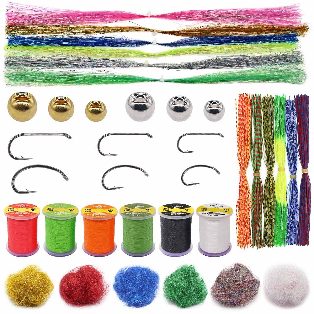 XFISHMAN Fly Tying Kit full contents laid out for beginners, showing easy-access grouping for practice.