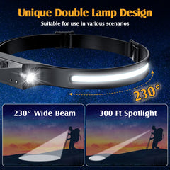 xflyee headlamp wide-beam 230-degree captures a panoramic field for trails and work.