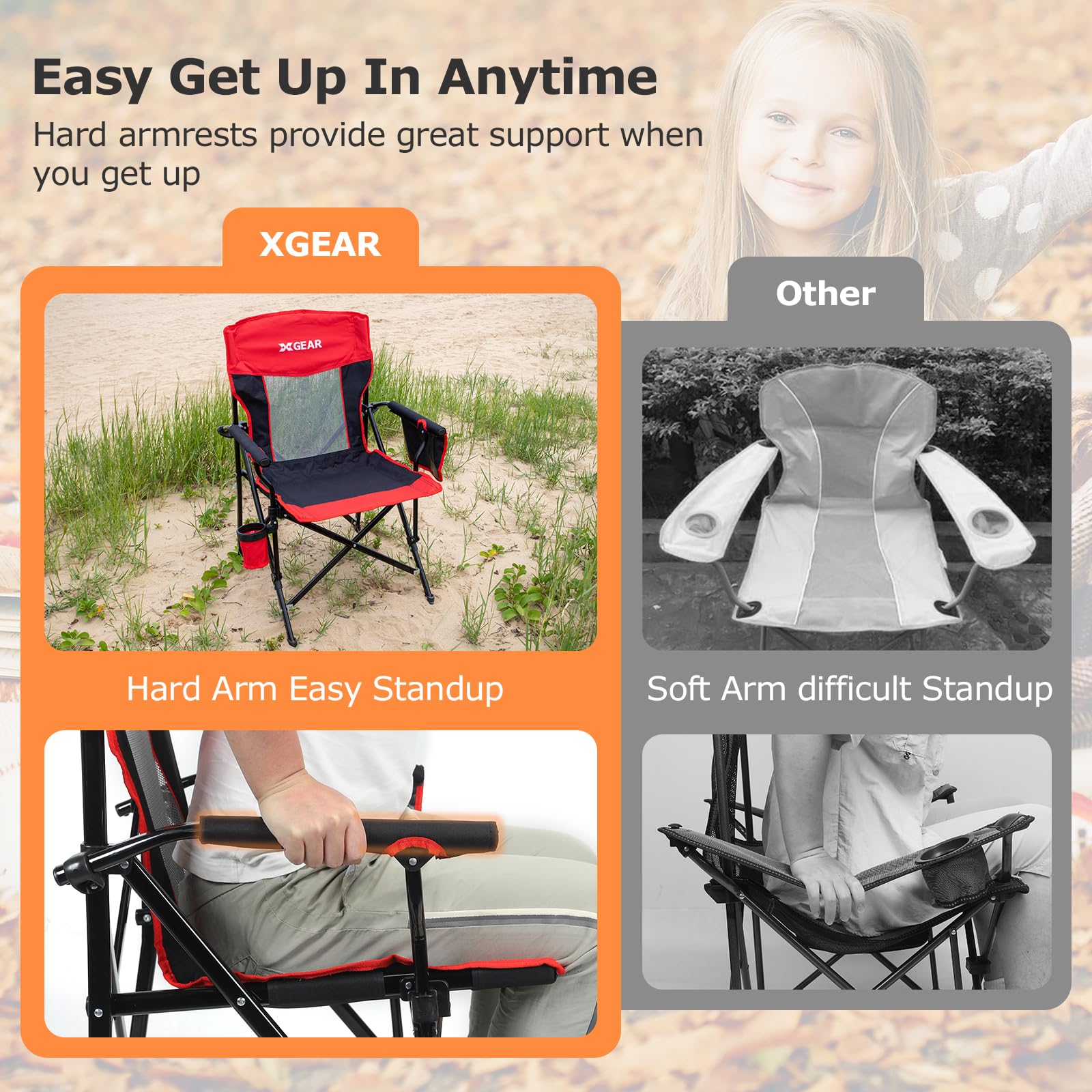 XGEAR camping chair foldable cup holder and side pocket for essentials.