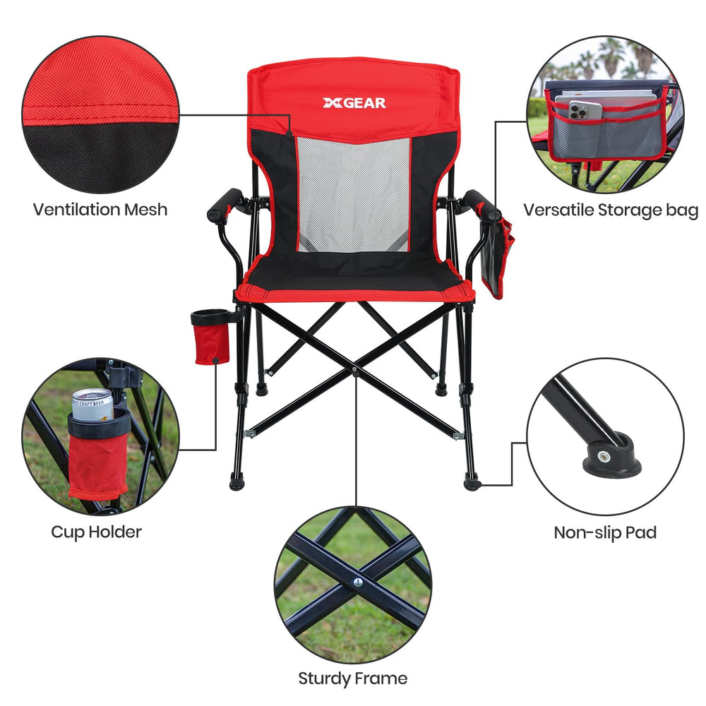 XGEAR camping chair ergonomic 20-inch back provides support during rest.
