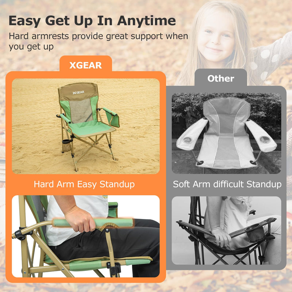 XGEAR camping chair supports up to 350 lbs for confident outdoor seating.
