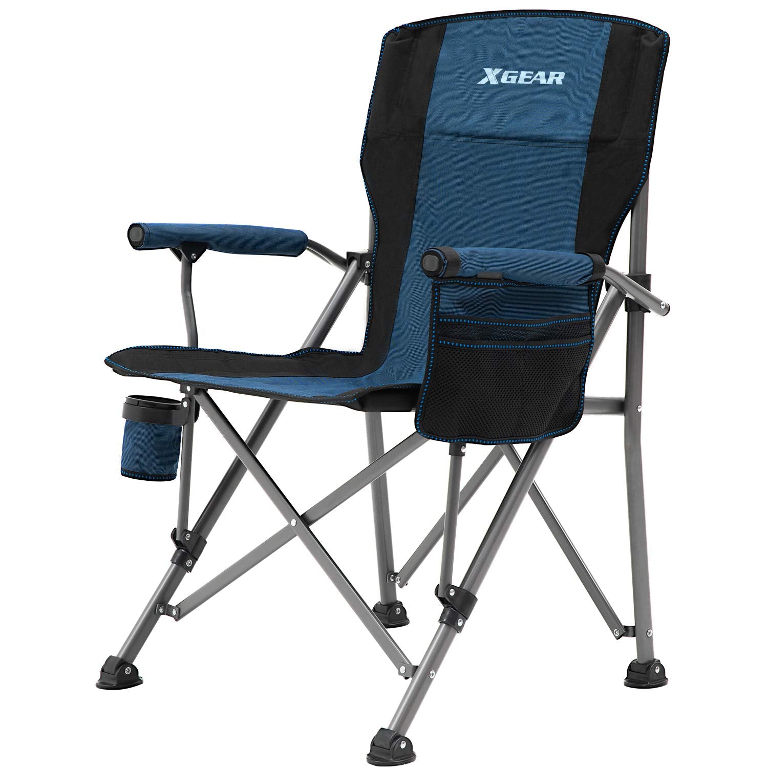 XGEAR camping chair high-back blue full view showing sturdy comfort.