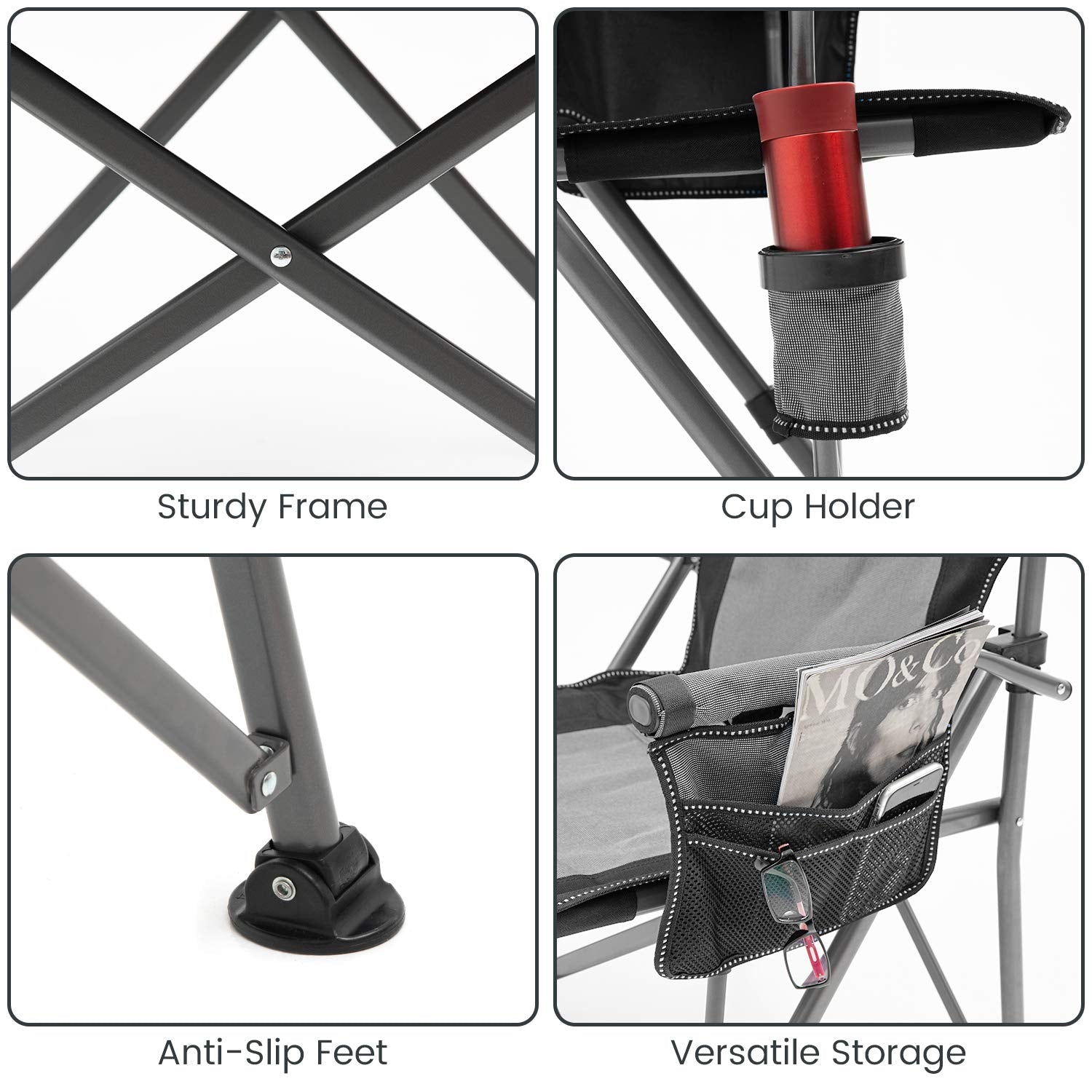 XGEAR camping chair with portable carry bag simplifies transport and storage.