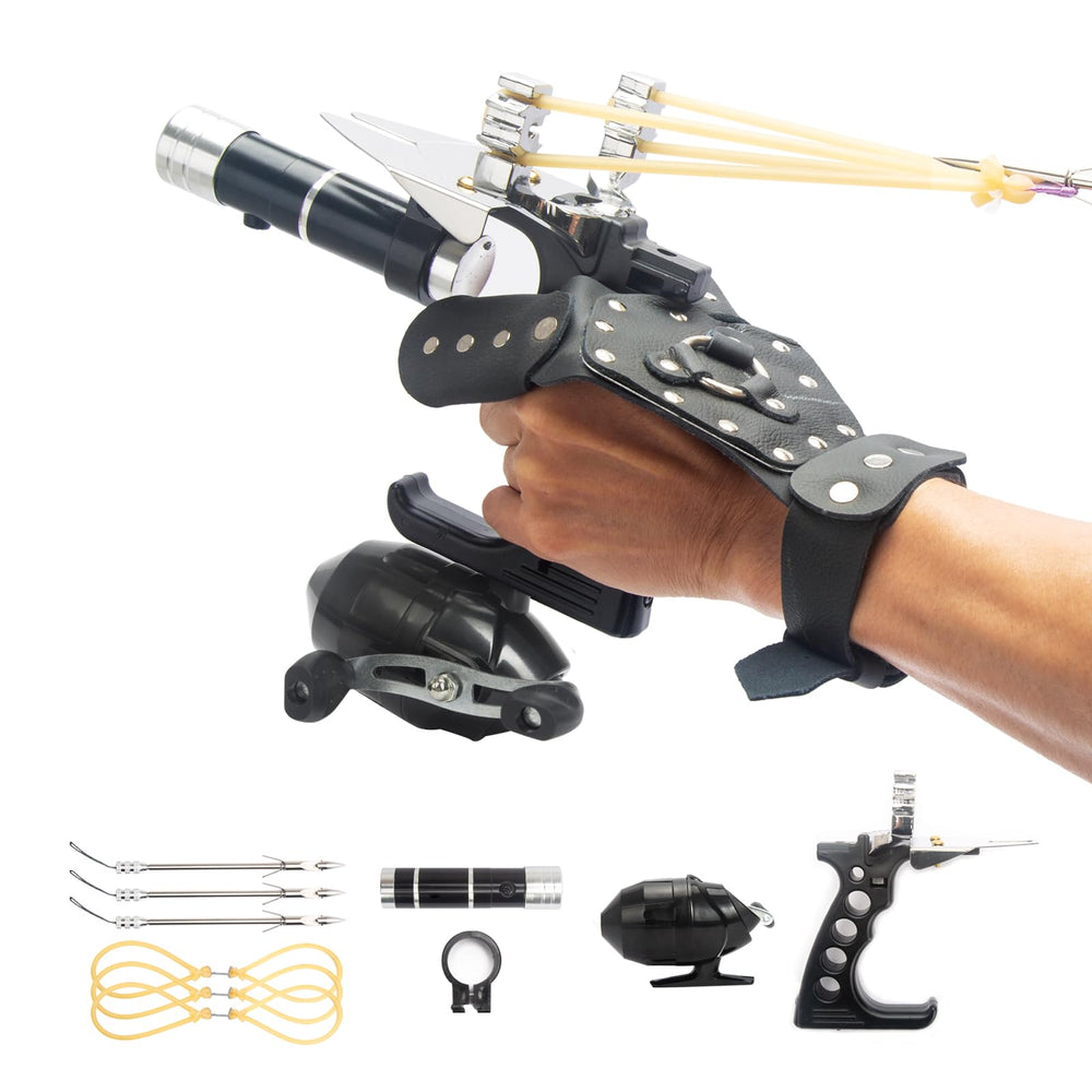 Xguis fishing slingshot front view shows a durable ABS frame for outdoor use.