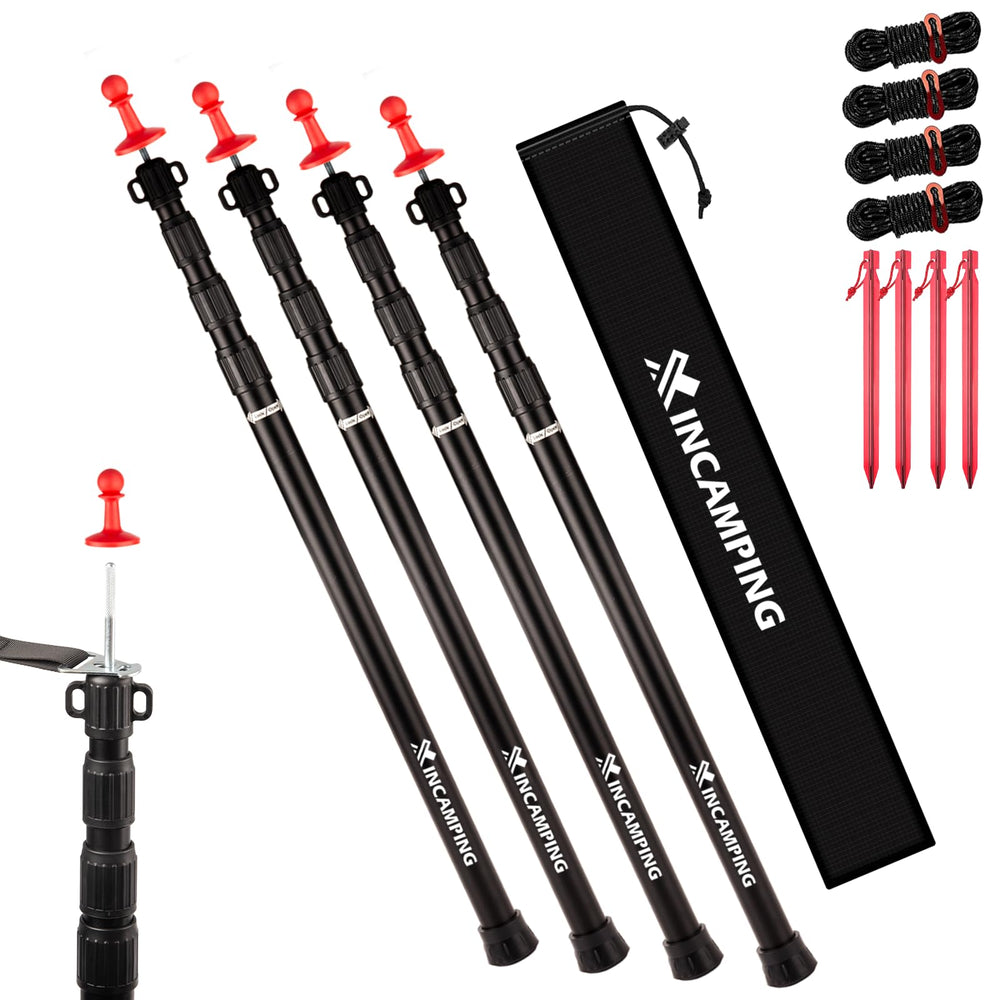 XINCAMPING adjustable tarp poles extended to 7.6ft for sturdy outdoor shelter.