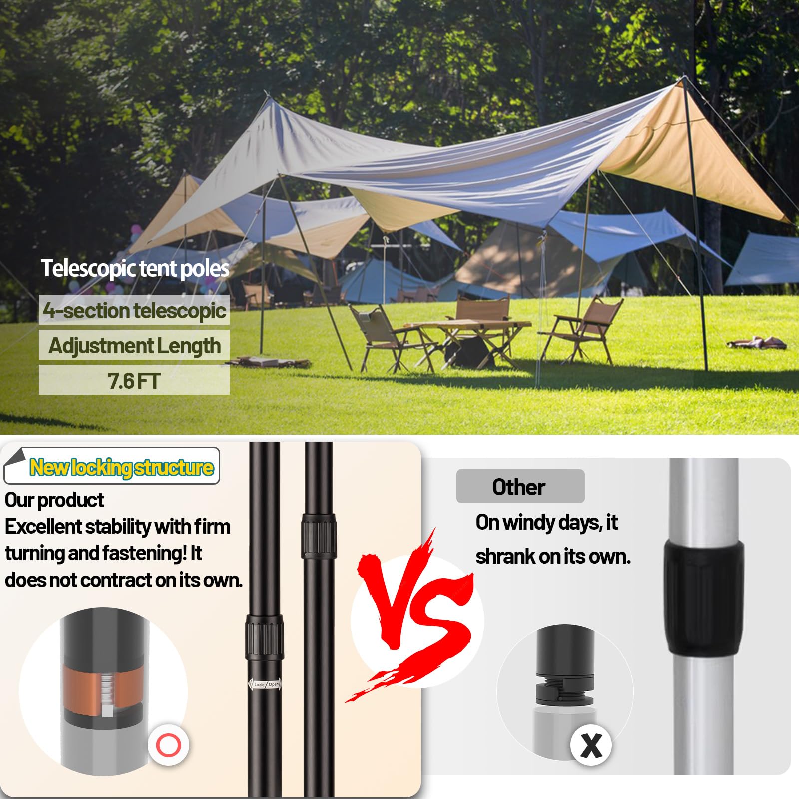 XINCAMPING heavy-duty aluminum tarp poles resist rust and weather.
