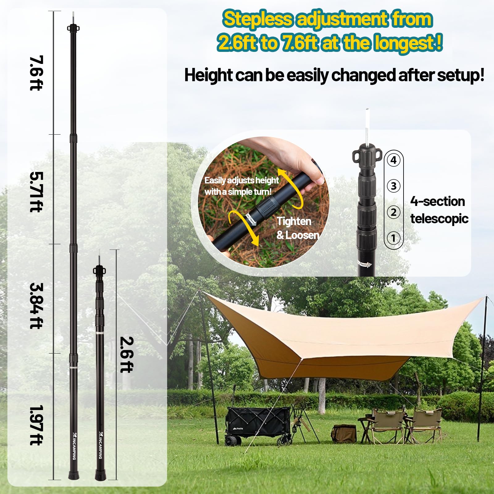 XINCAMPING tarp poles collapsed to 2.6ft, ultra-portable for backpack travel.