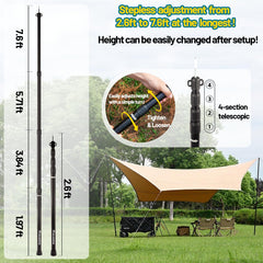 XINCAMPING tarp poles collapsed to 2.6ft, ultra-portable for backpack travel.
