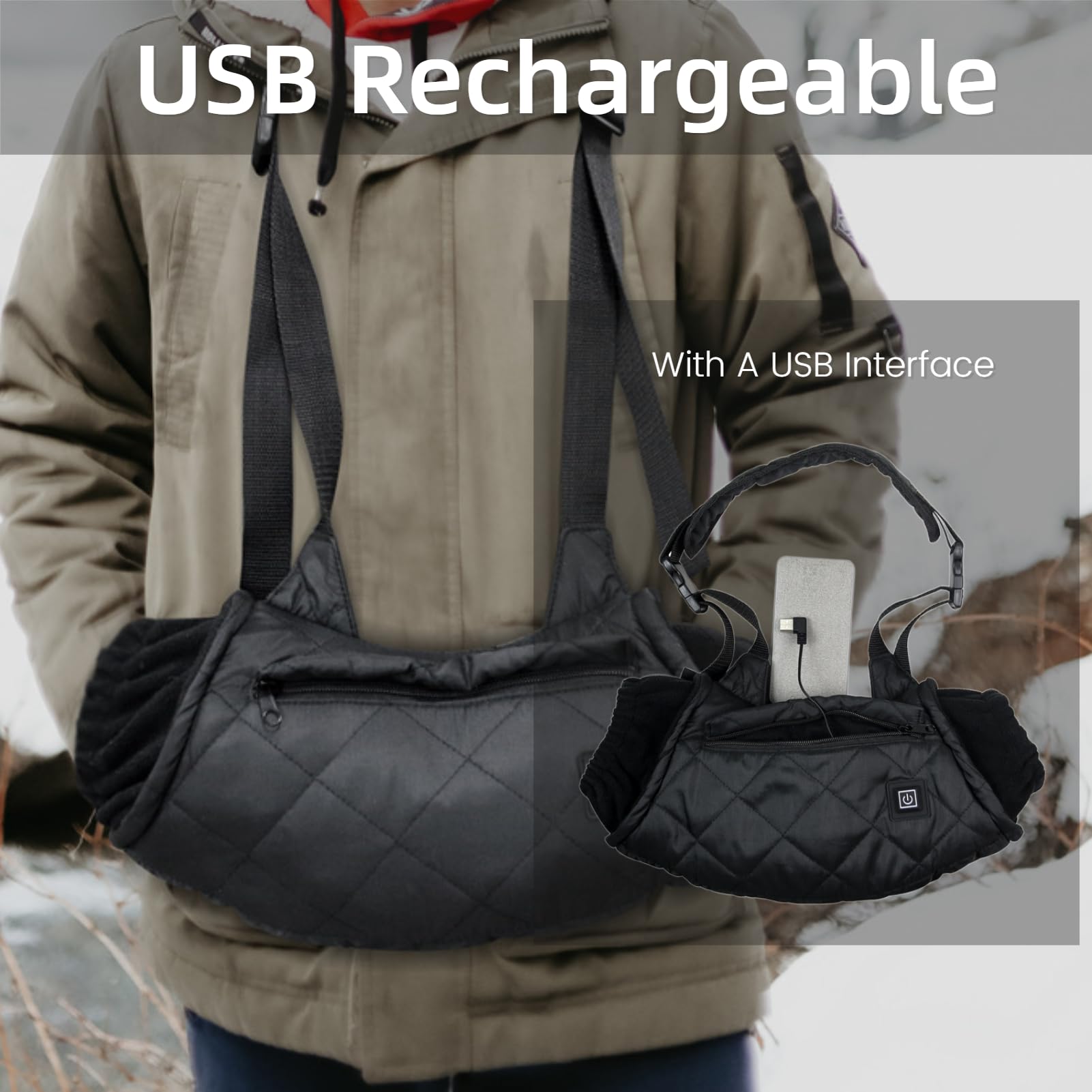 Xiuganpo heated hand muff USB port for power from a battery