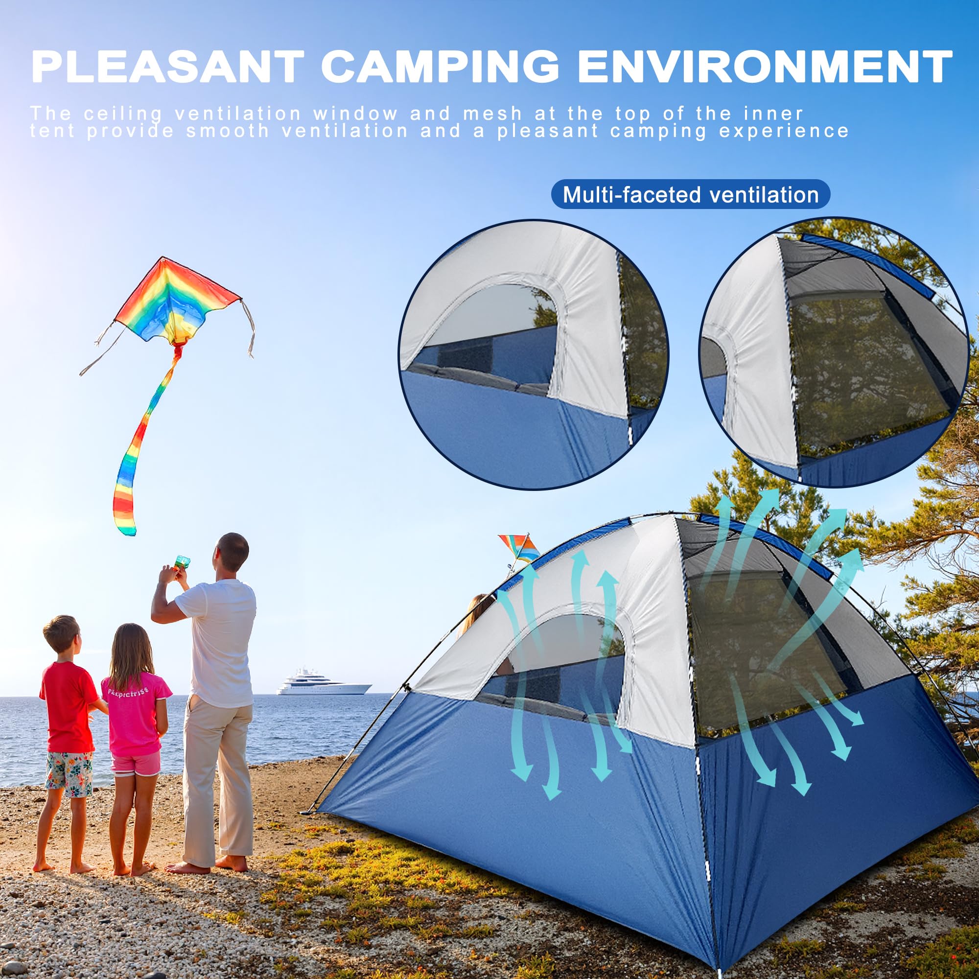 XL 4-person tent fiberglass pole assembly enables quick setup.
