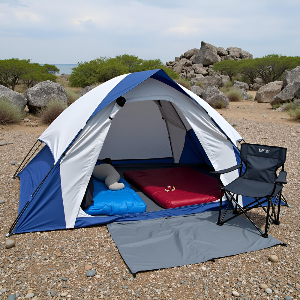 XL Tent spacious interior accommodating four adults and gear with standing height.