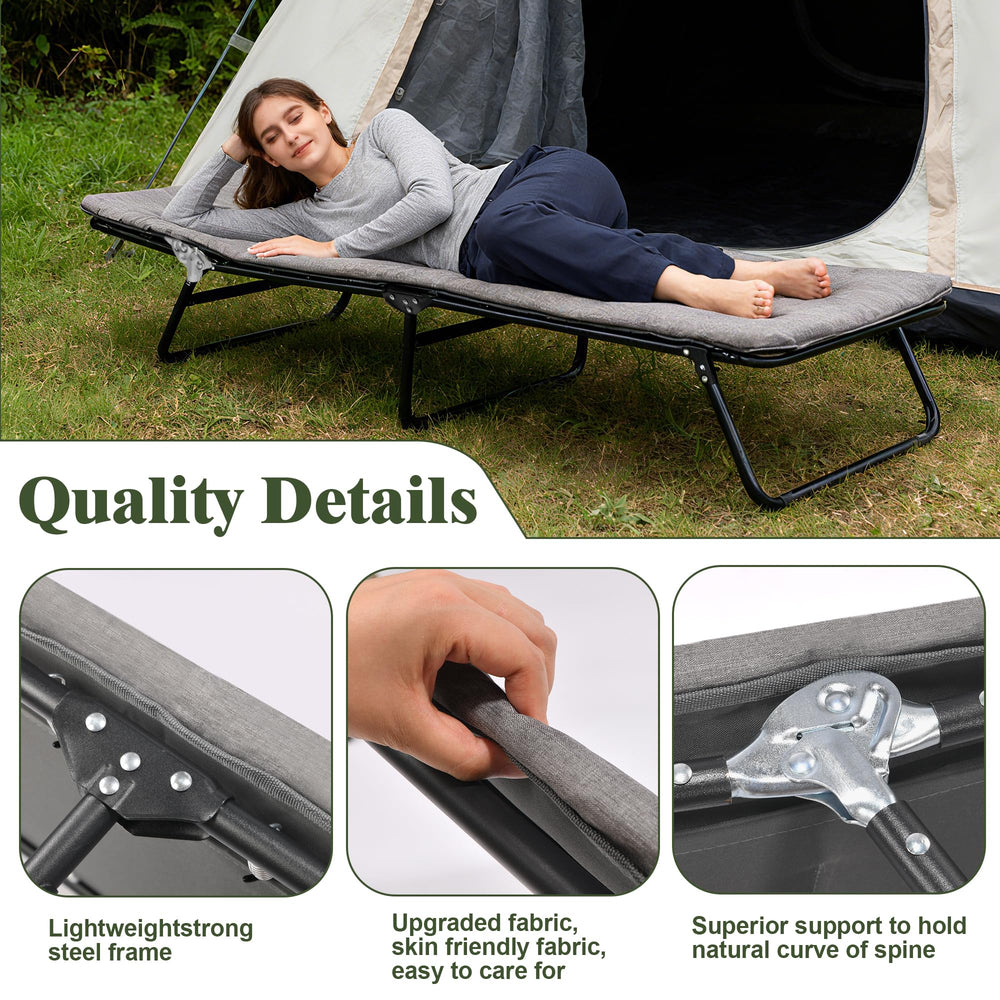 XMT camping cot adjustable backrest shows multiple reclining angles