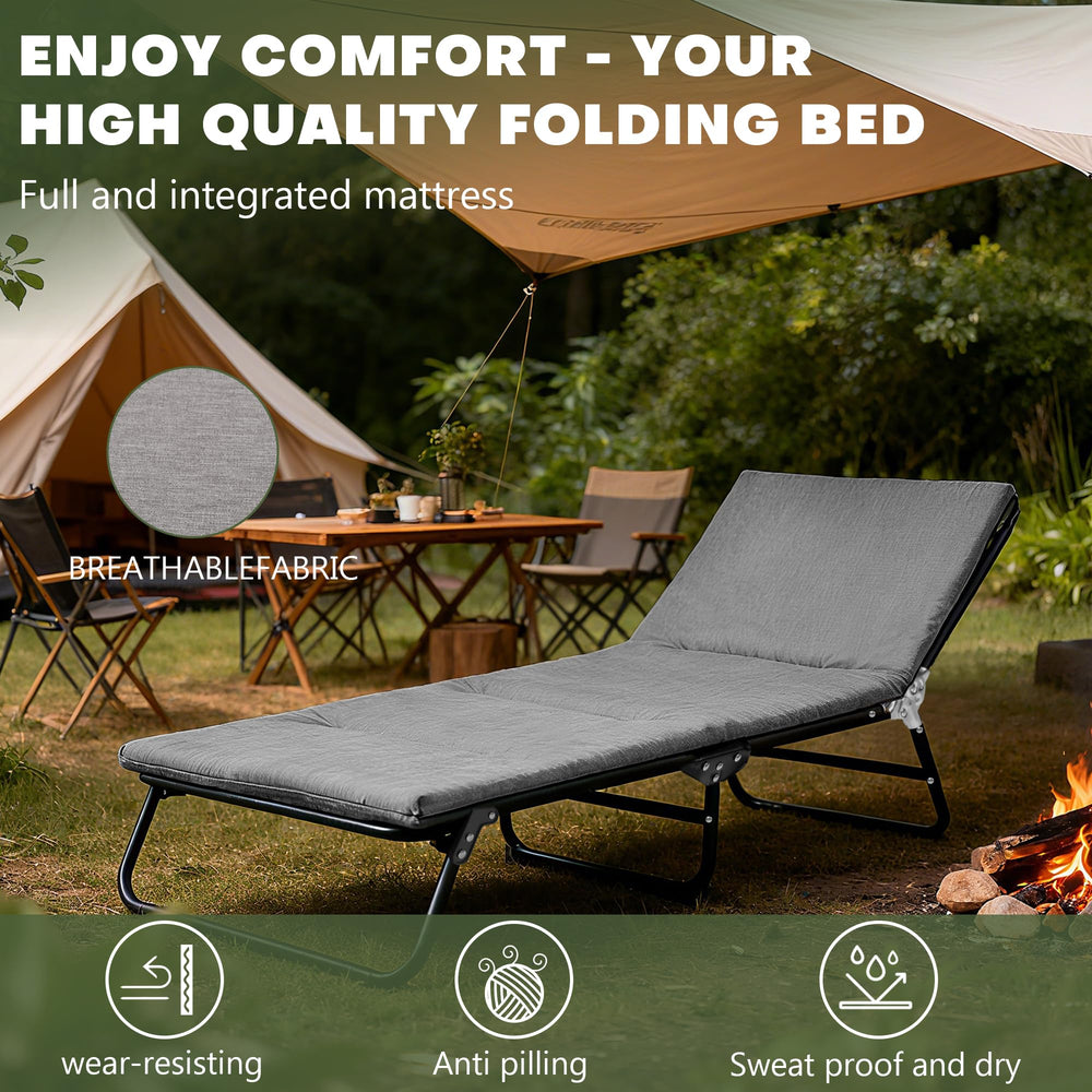 XMT camping cot eight fixed legs minimize wobble on uneven ground