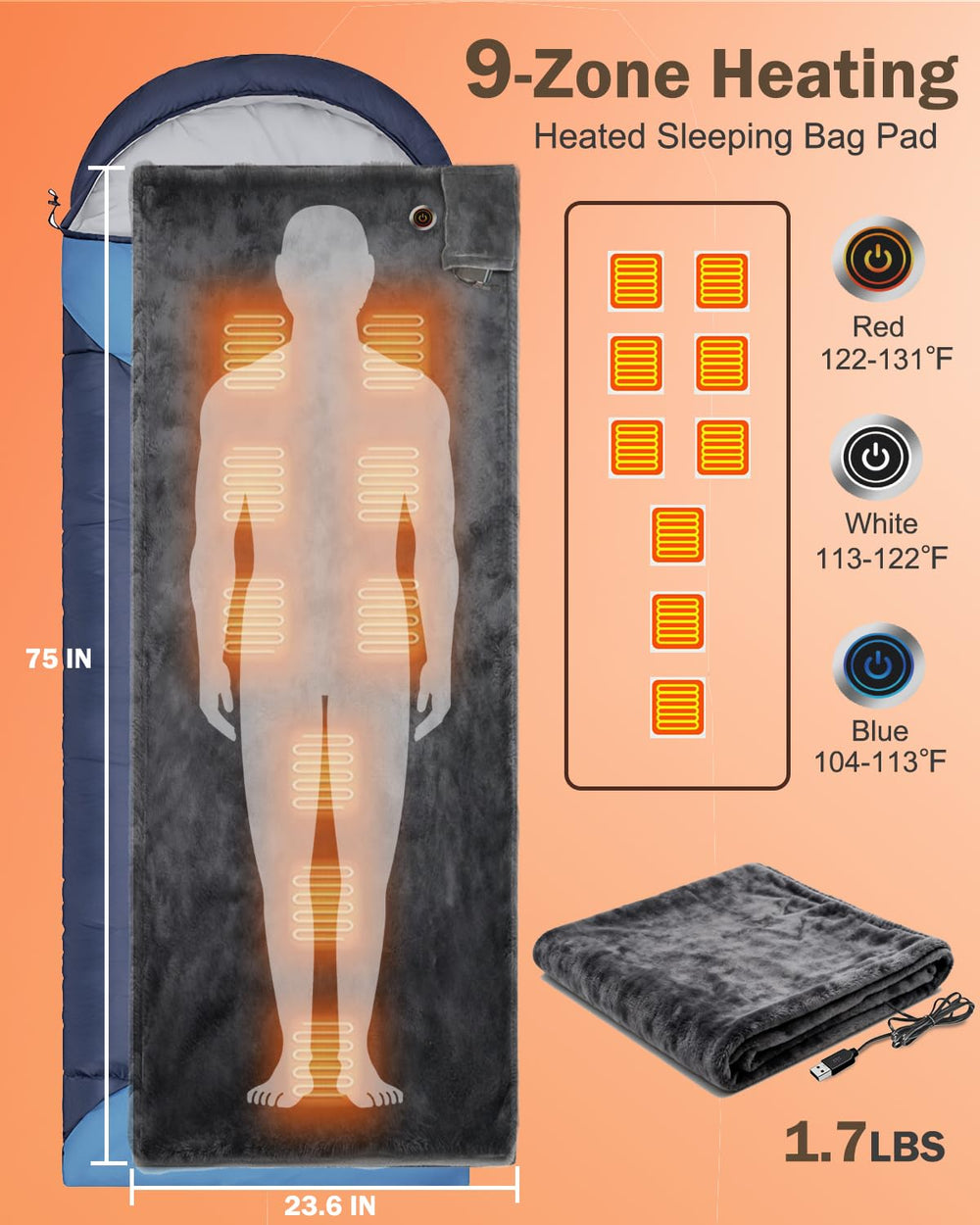 XPLI heated sleeping bag liner close-up highlighting nine heating zones