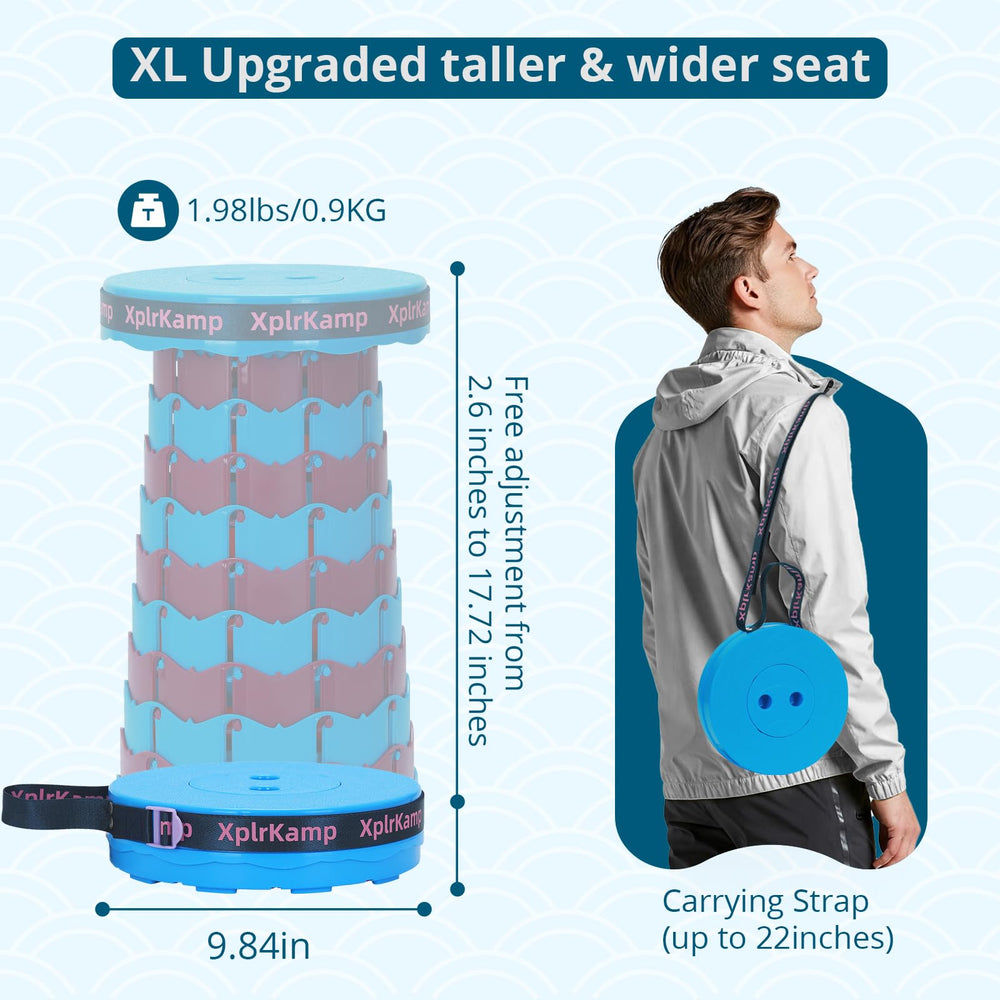 XplrKamp folding stool folded compact demonstrates easy portability for travel.
