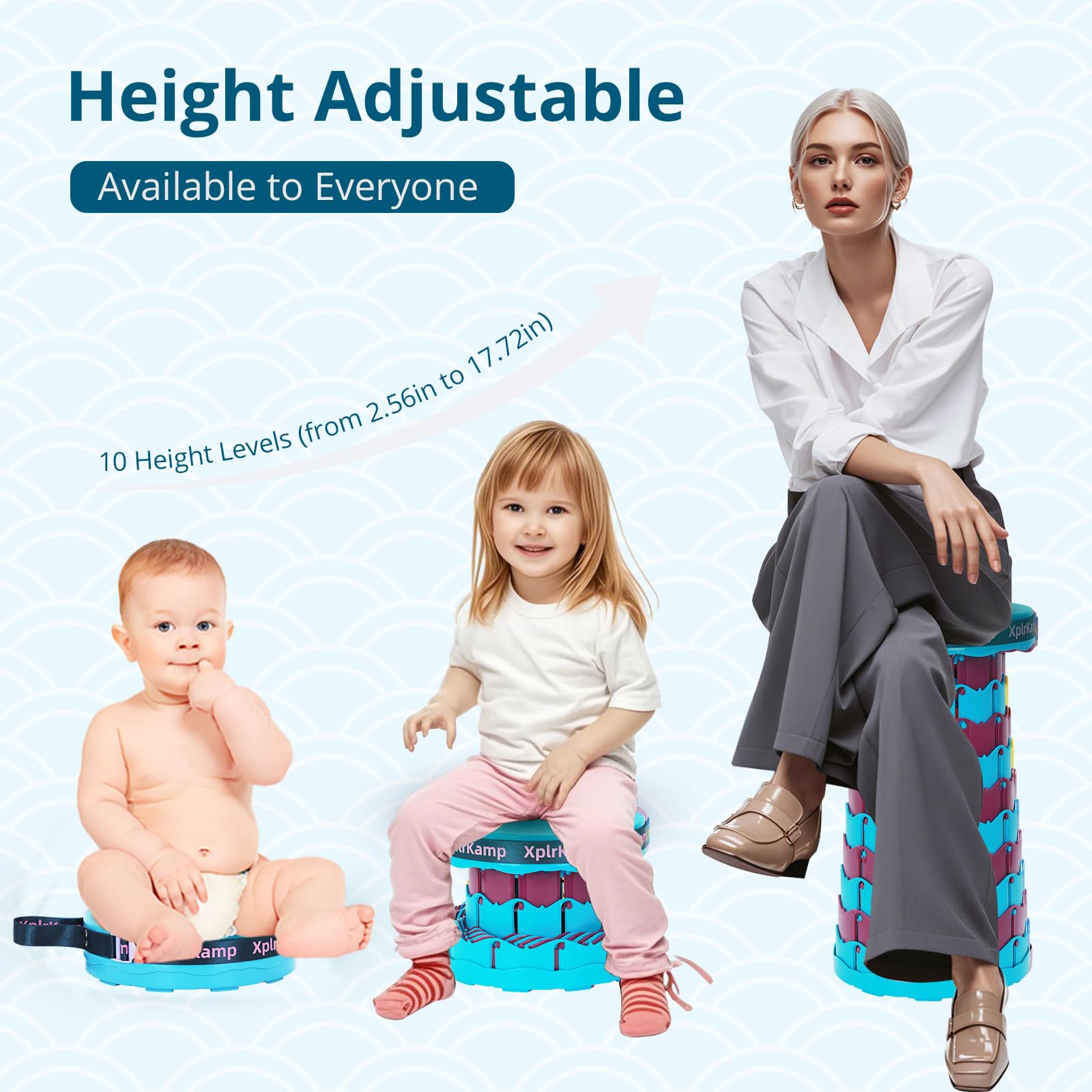 XplrKamp stool height adjustment helps find comfortable seating height.