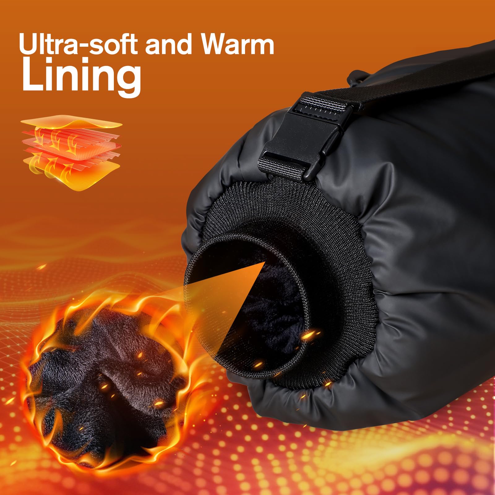 XquiziFit hand warmer muff waterproof fabric keeps hands dry in light rain or snow.