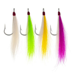 Close-up of bucktail hair and saltwater hook on teaser