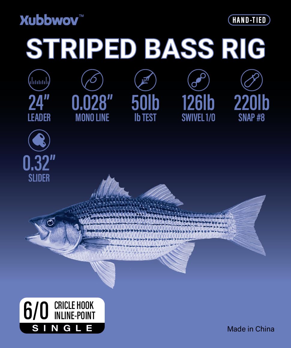 Pre-tied leader and quick-clip snaps on the Xubbwov striped bass rig