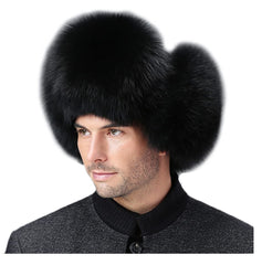 XUYUZUAU men's fox hair ushanka black front view showing warm genuine sheepskin
