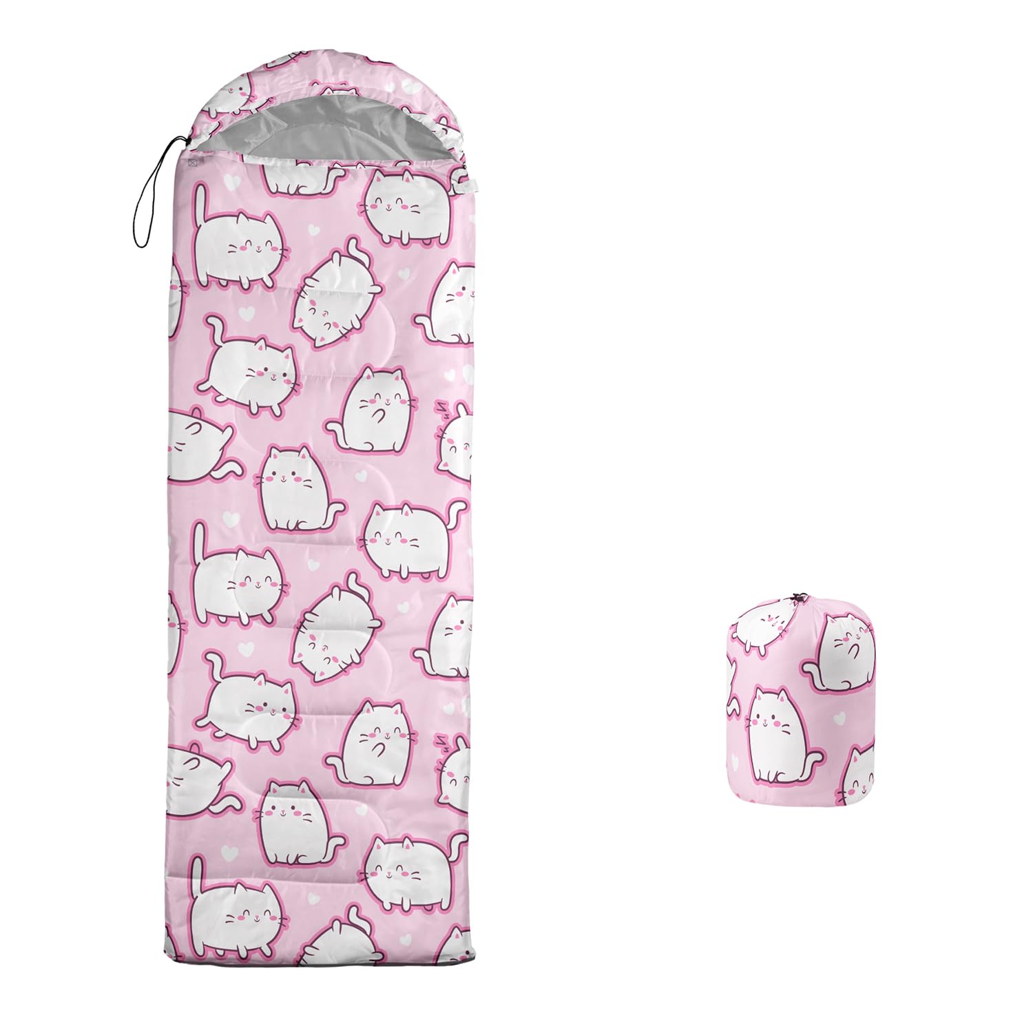 XYNHML cartoon cat sleeping bag in compression bag demonstrates ultra-compact storage for trips.