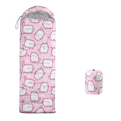 XYNHML cartoon cat sleeping bag in compression bag demonstrates ultra-compact storage for trips.