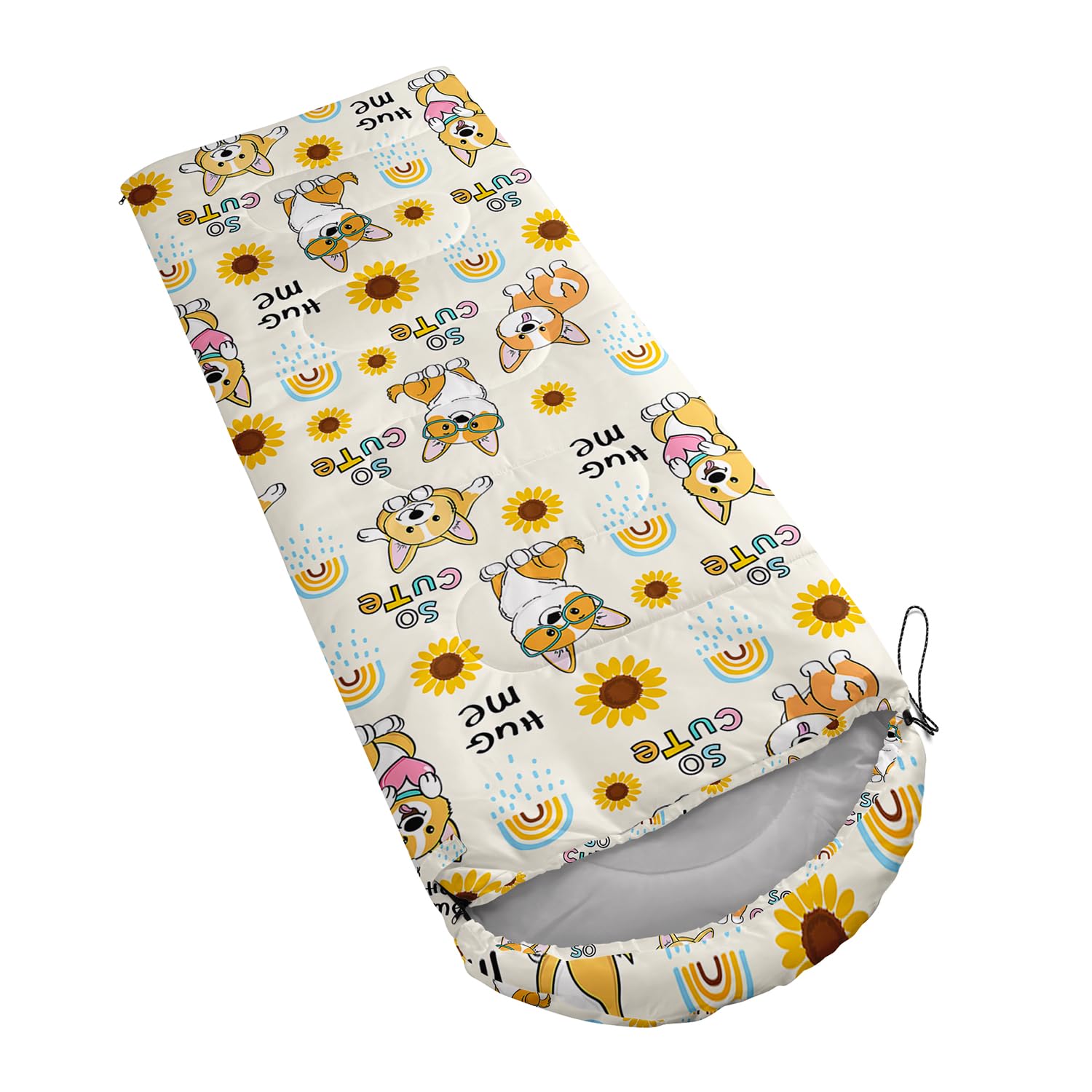 XYNHML kawaii dog-pattern sleeping bag open reveals roomy interior for comfort.